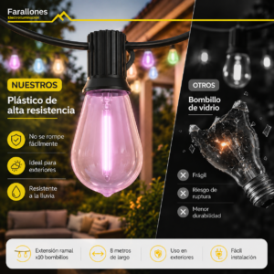 Extensión ramal solar RGB para exteriores con bombillos decorativos