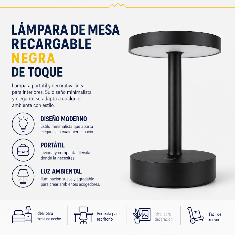 Lámpara de toque recargable 3 tonos negra